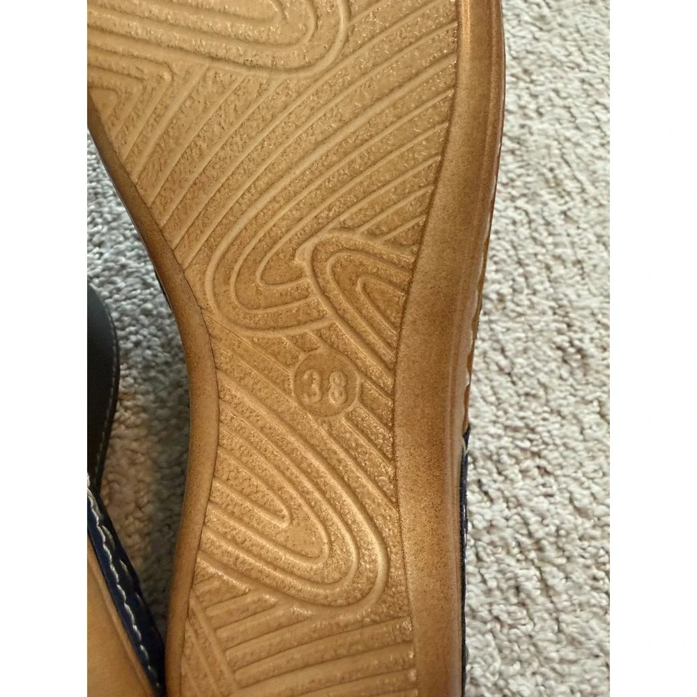 Bunion Corrector Navy & Red Leather Flower Wedge Sandals‎ Size 38 EU Gently Worn